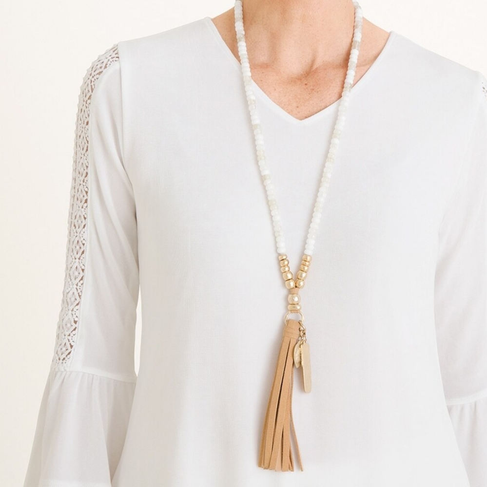 Chico's Beaded White Tassel Necklace